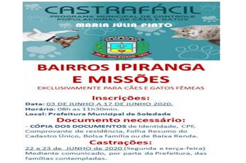 PROGRAMA CASTRAFÁCIL ABRE INSCRIÇÕES PARA OS BAIRROS IPIRANGA E MISSÕES