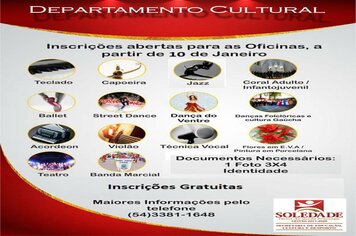 INSCRIÇÕES ABERTAS PARA AS OFICINAS DO CENTRO CULTURAL DE SOLEDADE