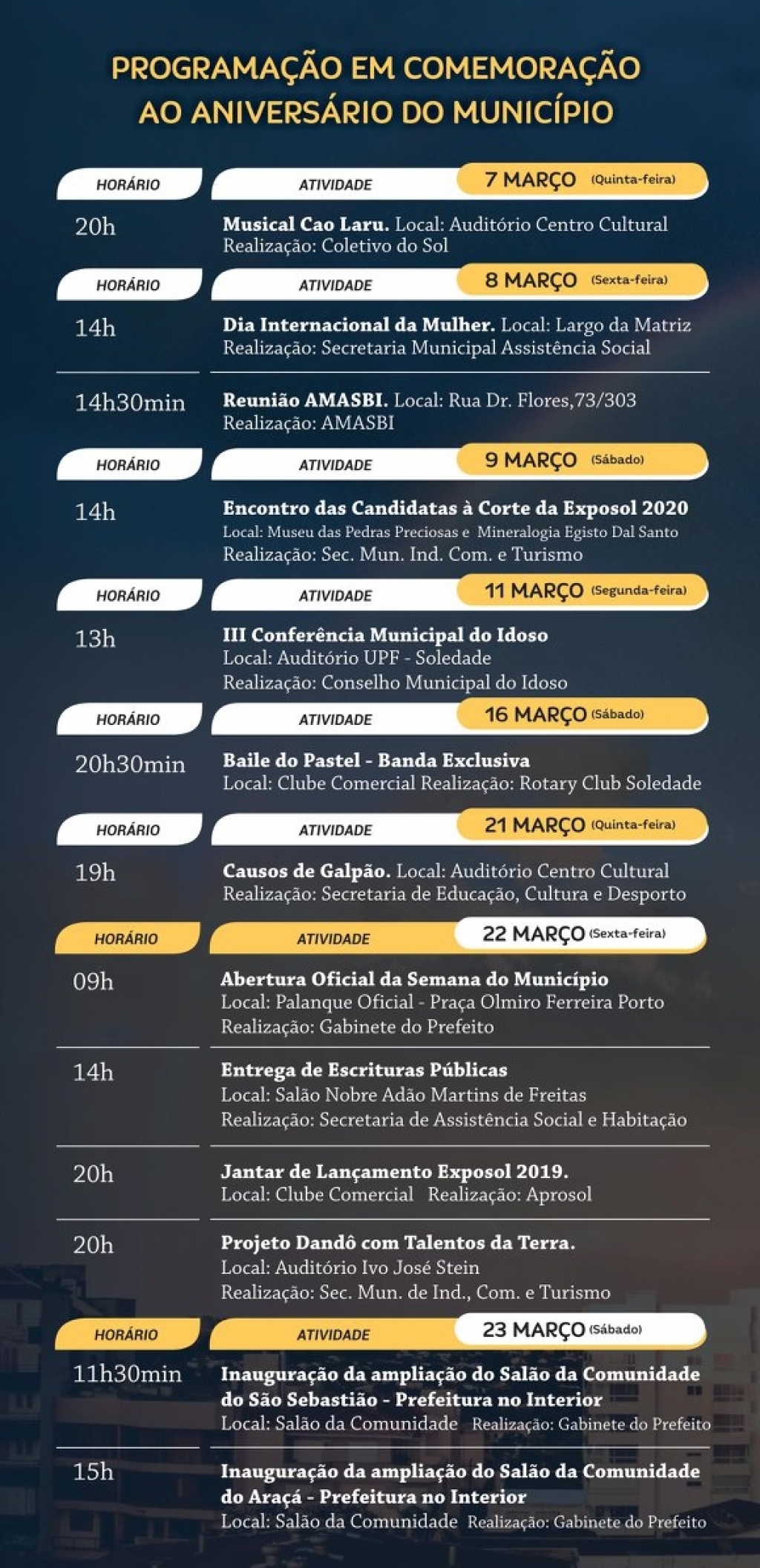 PROGRAMAÇÃO DE ANIVERSÁRIO SOLEDADE 144 ANOS